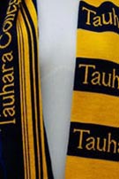 Scarf with text, stripes and imagery
